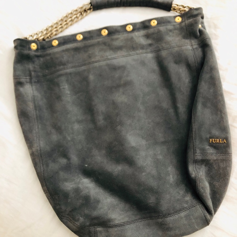 Furla Frieze grey suede leather hobo shoulder bag